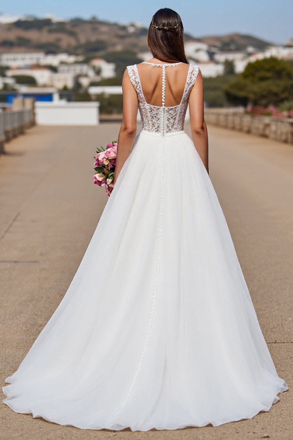 Elegant White A Line Wedding Dress with Appliques