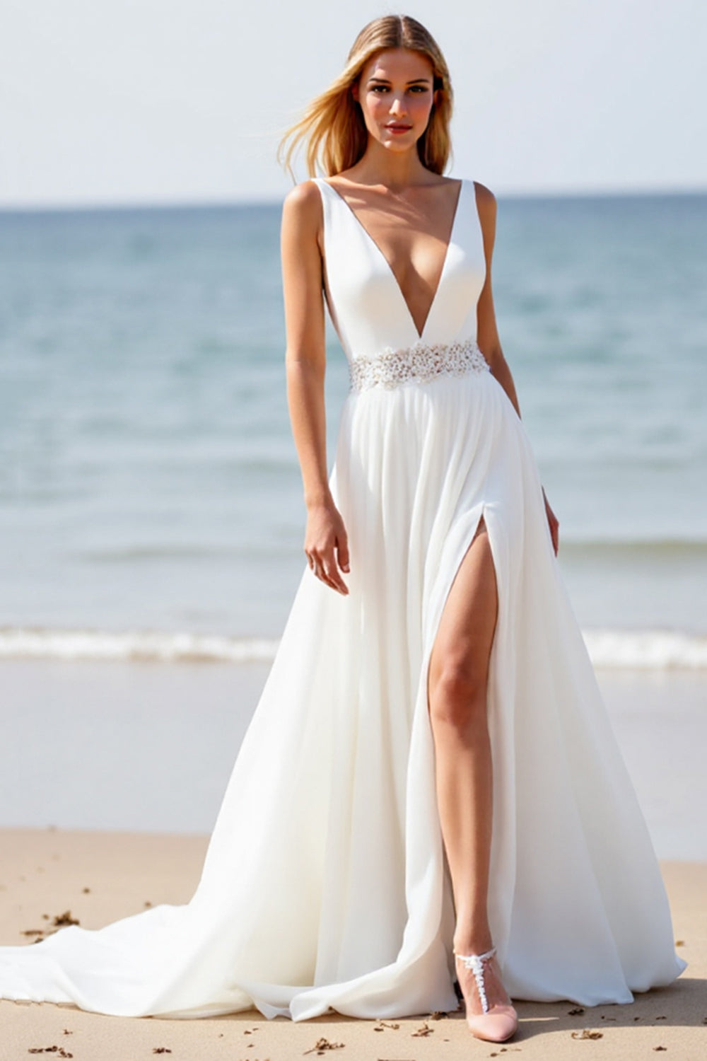 White A Line Applique Beach Wedding Dress with Slit