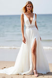 White A Line Applique Beach Wedding Dress with Slit