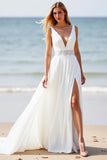White A Line Applique Beach Wedding Dress with Slit