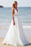White A Line Applique Beach Wedding Dress with Slit