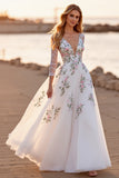 Floral White Applique Long Sleeve Wedding Dress