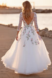 Floral White Applique Long Sleeve Wedding Dress