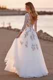 Floral White Applique Long Sleeve Wedding Dress