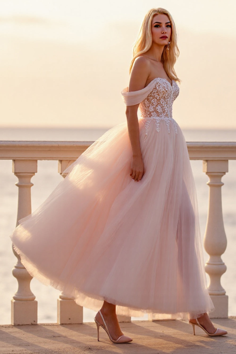 Blush Off the Shoulder Tulle Ankle Length Wedding Dress with Appliques