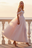 Blush Off the Shoulder Tulle Ankle Length Wedding Dress with Appliques