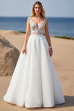 White A Line V Neck Floral Wedding Dress