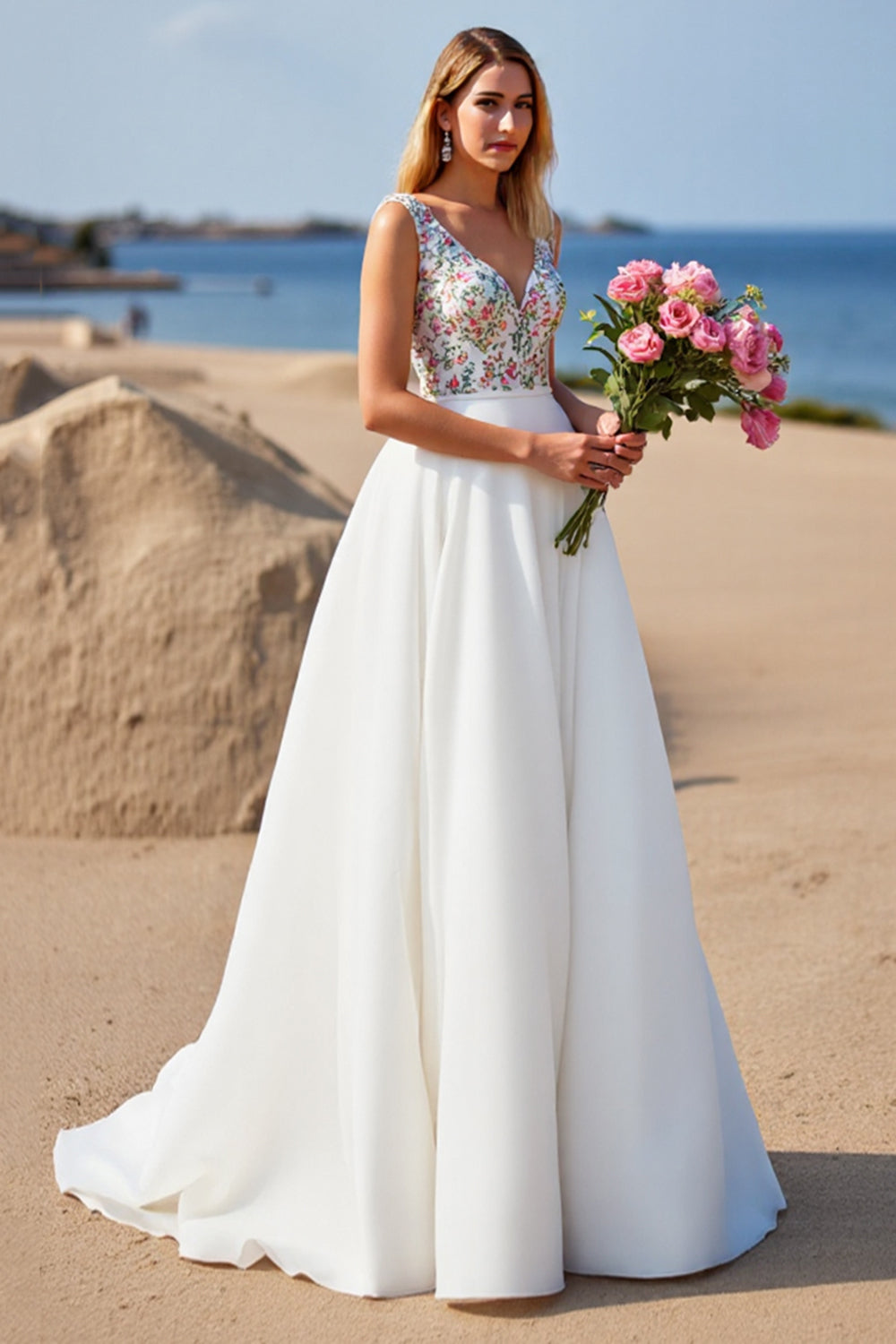 White A Line V Neck Floral Wedding Dress
