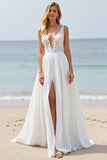 Beach White Applique Backless Wedding Dress with Slit