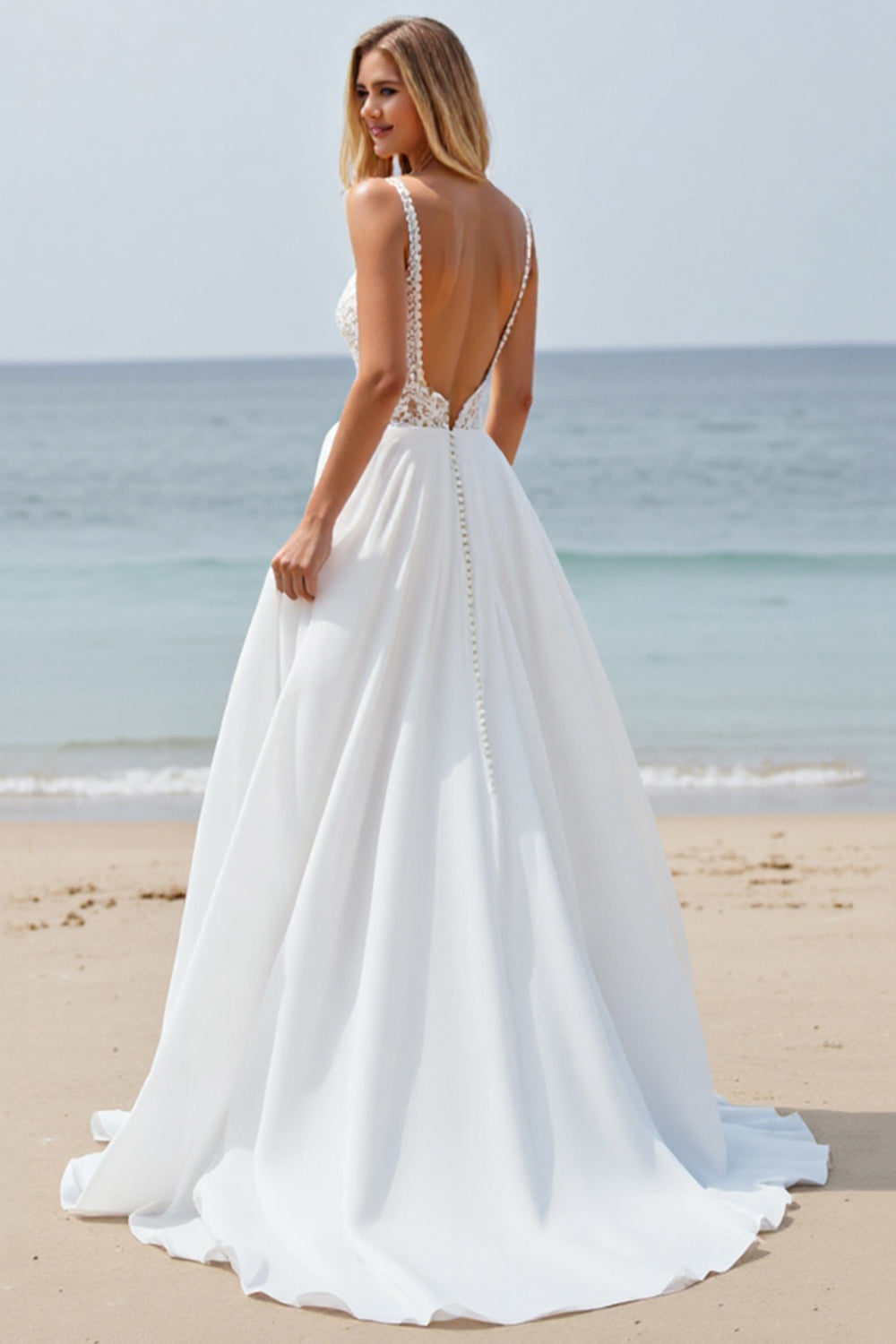 Beach White Applique Backless Wedding Dress with Slit