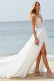 Beach White Applique Backless Wedding Dress with Slit