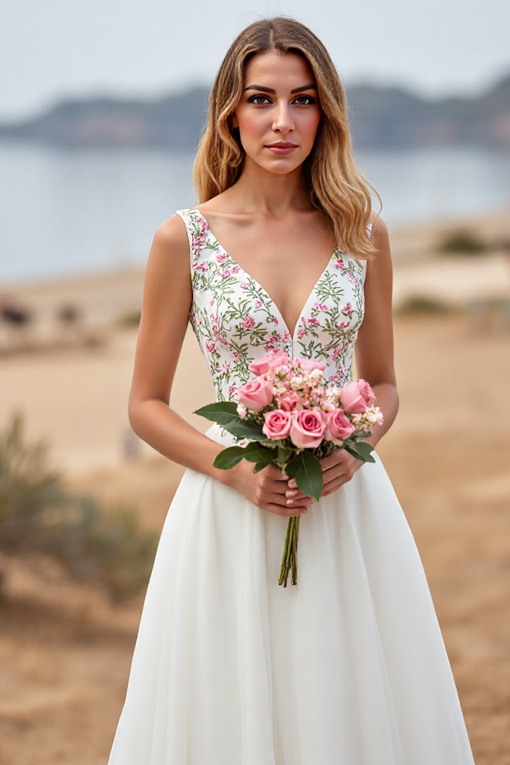 Embroidered White A Line Floral V Neck Wedding Dress