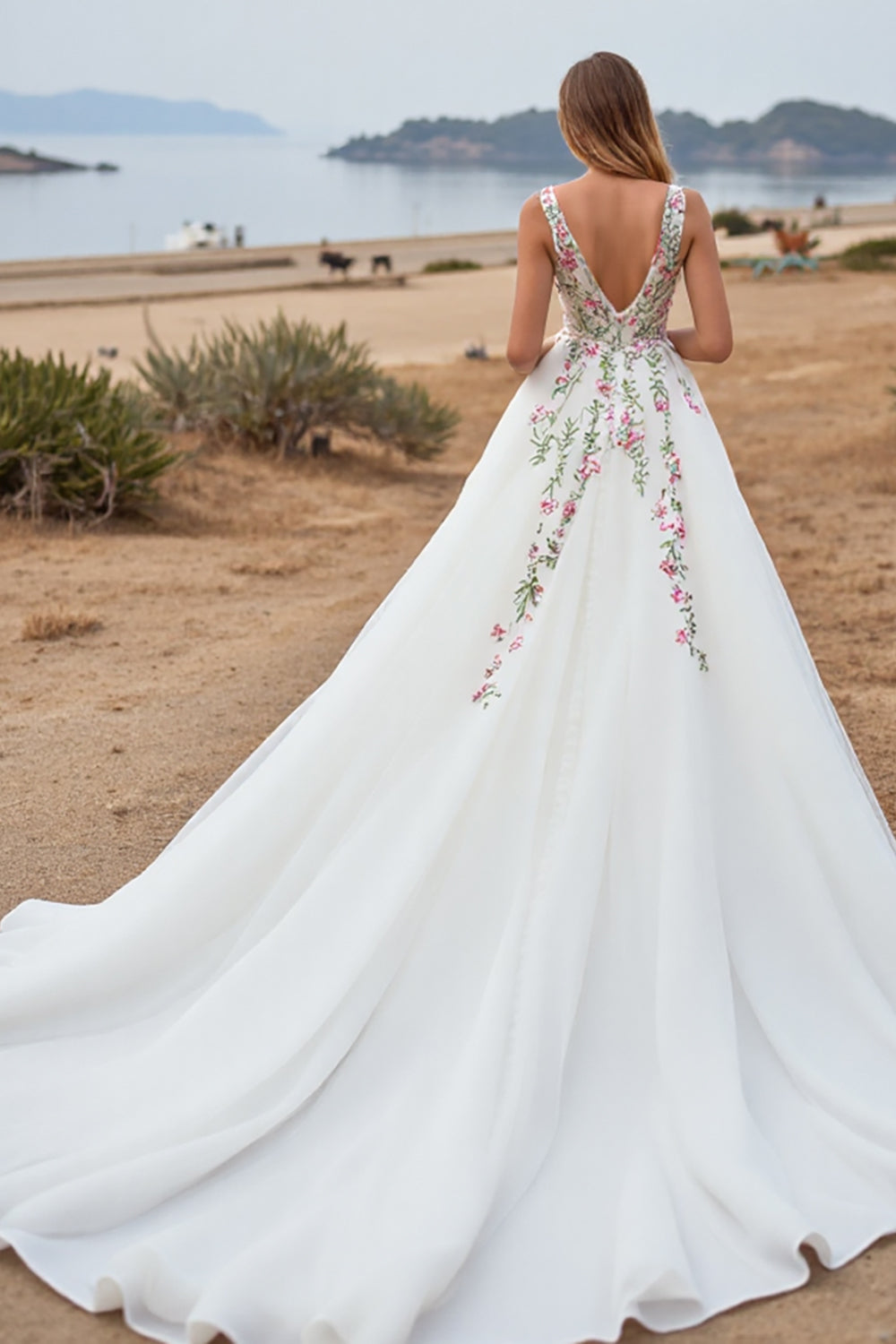 Embroidered White A Line Floral V Neck Wedding Dress