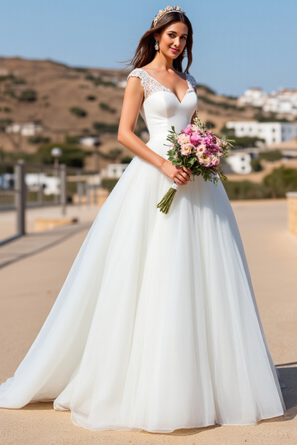 Tulle A Line White Floor Length Wedding Dress