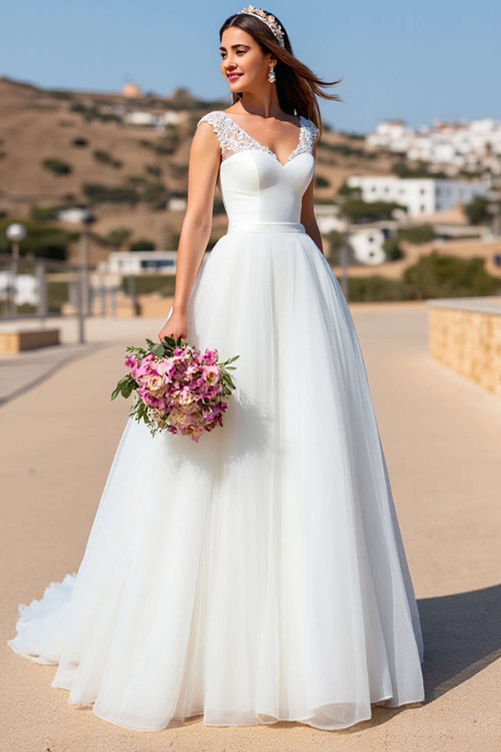 Tulle A Line White Floor Length Wedding Dress