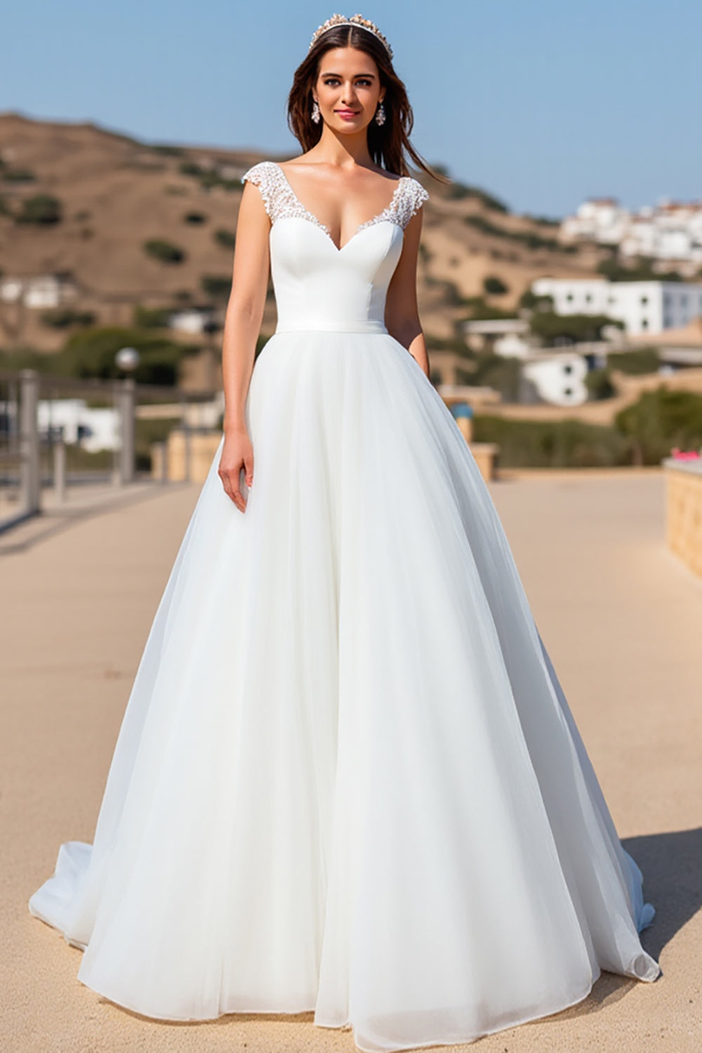 Tulle A Line White Floor Length Wedding Dress