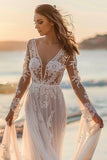 White Long Sleeve Wedding Dress With Appliques
