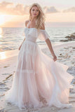 White Off The Shoulder A Line Boho Wedding Dress With Ruffles