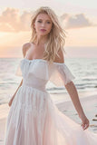 White Off The Shoulder A Line Boho Wedding Dress With Ruffles