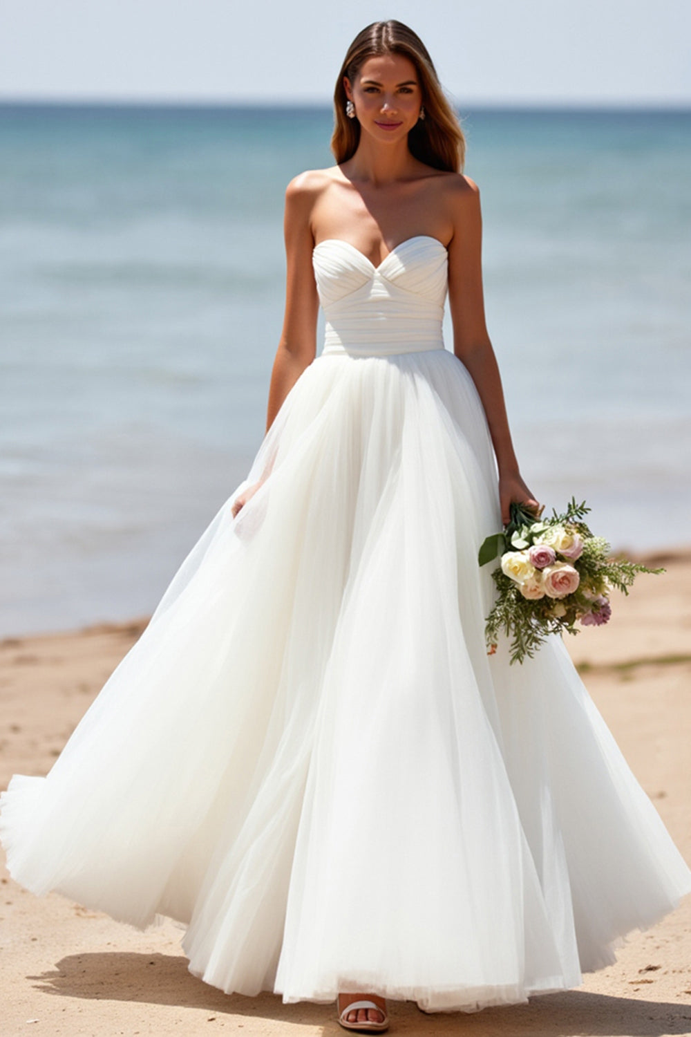 Strapless A Line Tulle White Wedding Dress