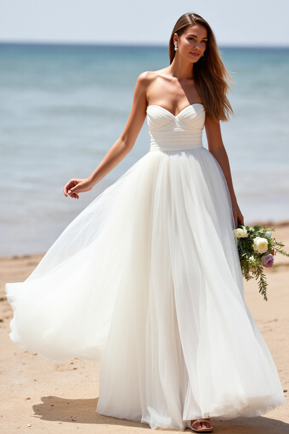Strapless A Line Tulle White Wedding Dress
