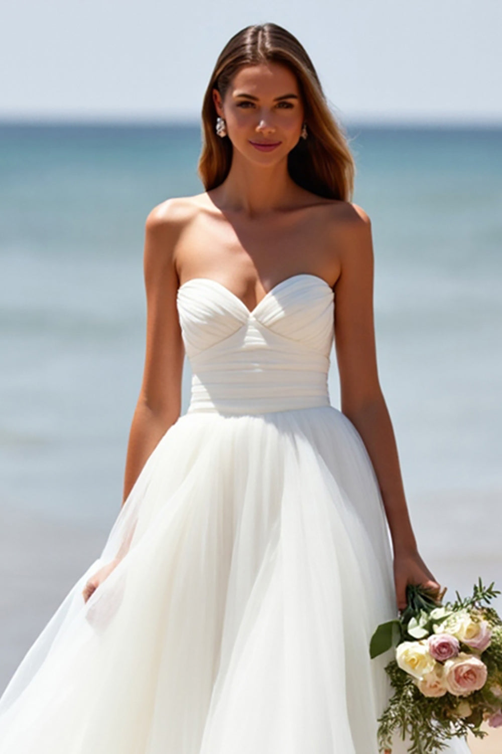 Strapless A Line Tulle White Wedding Dress