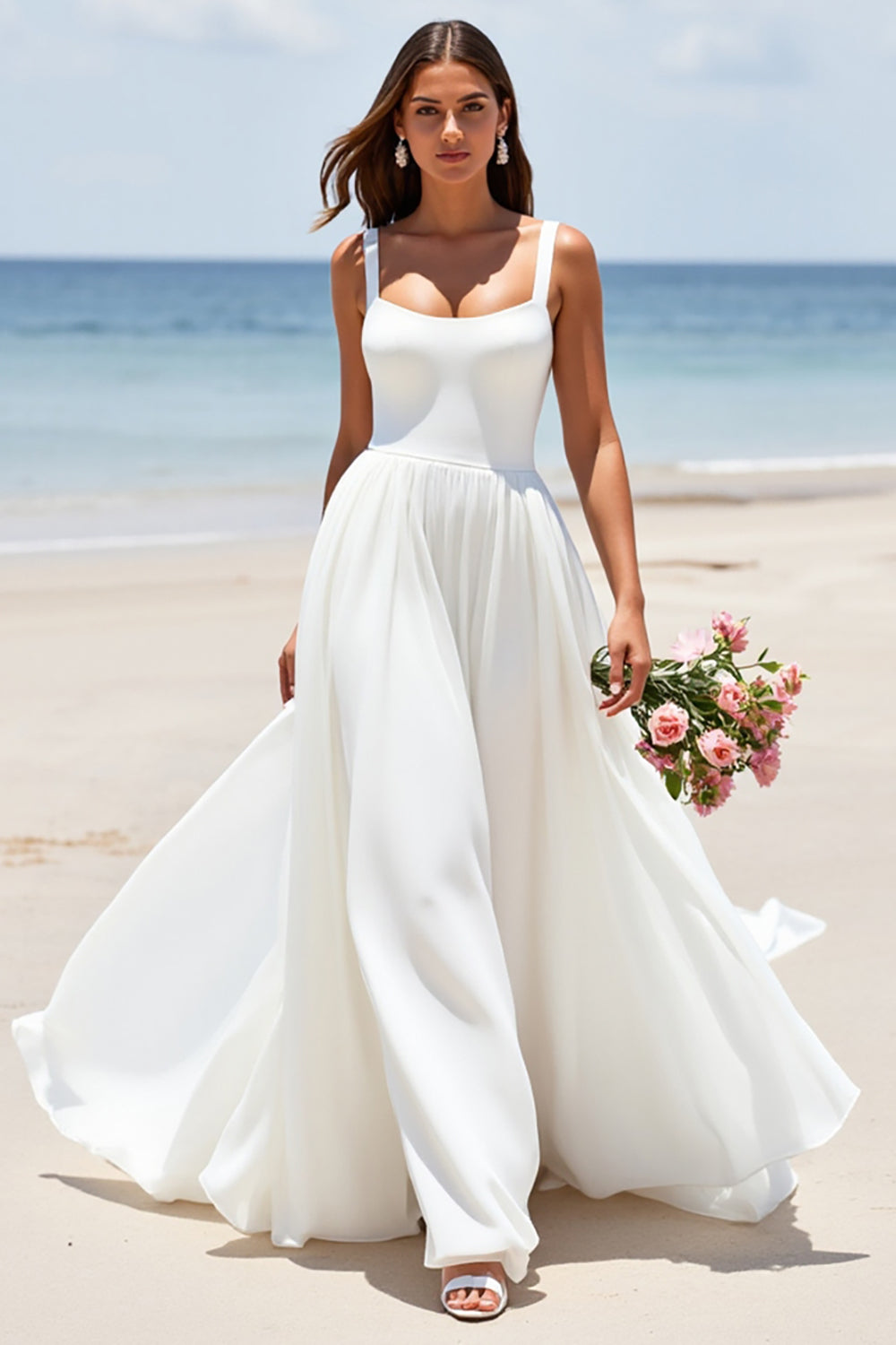 A Line White Long Wedding Dress
