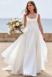 White A Line Square Neck Wedding Dress