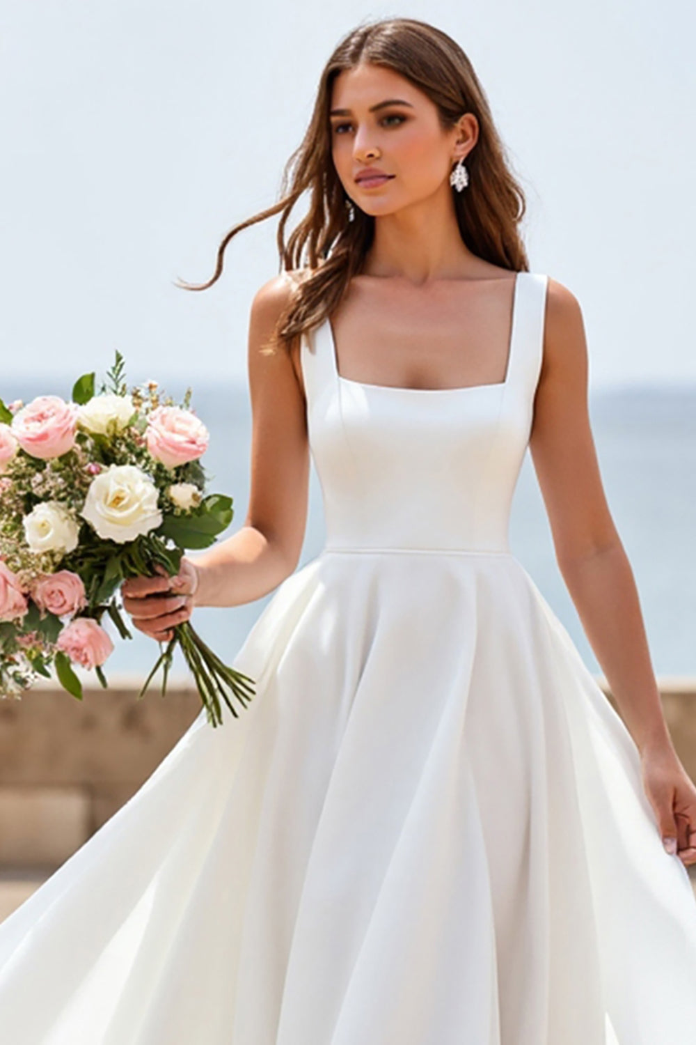 White A Line Square Neck Wedding Dress