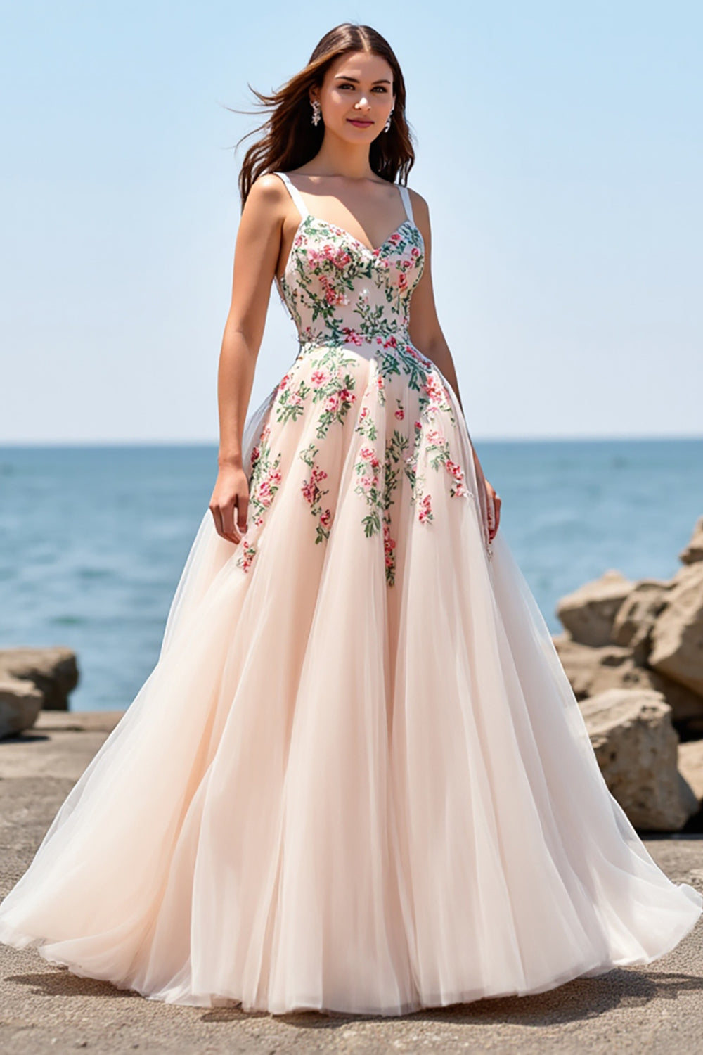 Blush A Line Floral Appliqued Wedding Dress