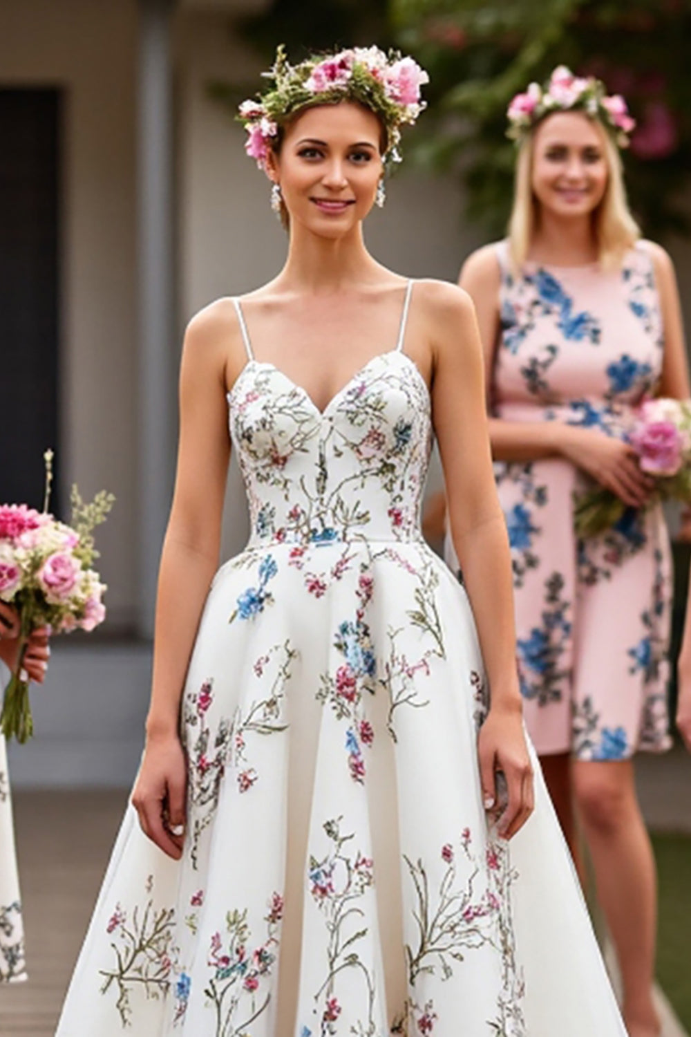 White Floral Long Wedding Dress with Appliques
