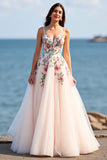 Floral Blush Tulle Wedding Dress with Appliques