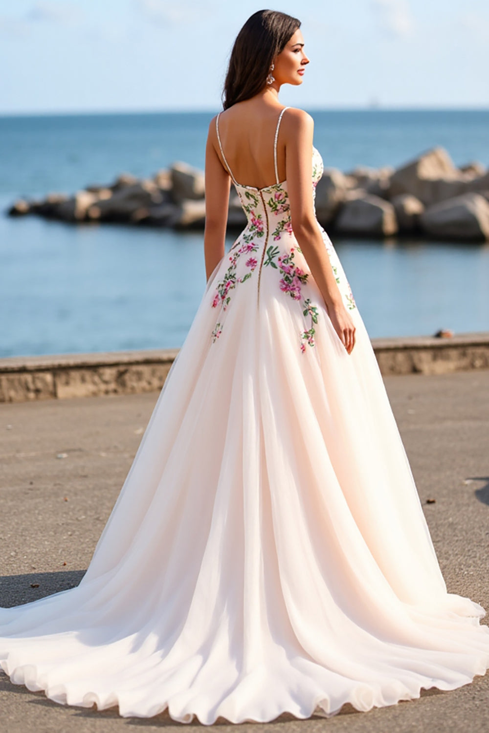 Floral Blush Tulle Wedding Dress with Appliques
