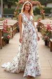 White Floral A Line Long Wedding Dress