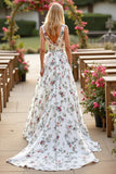 White Floral A Line Long Wedding Dress