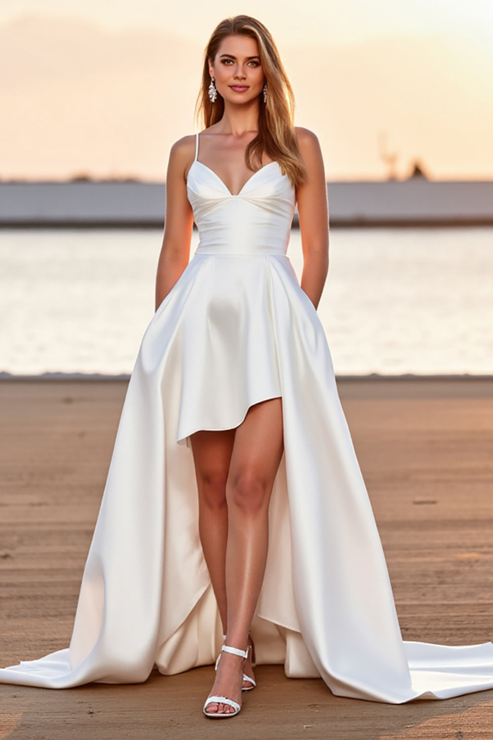 Satin White A Line High-Low Wedding Dress
