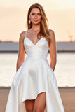 Satin White A Line High-Low Wedding Dress