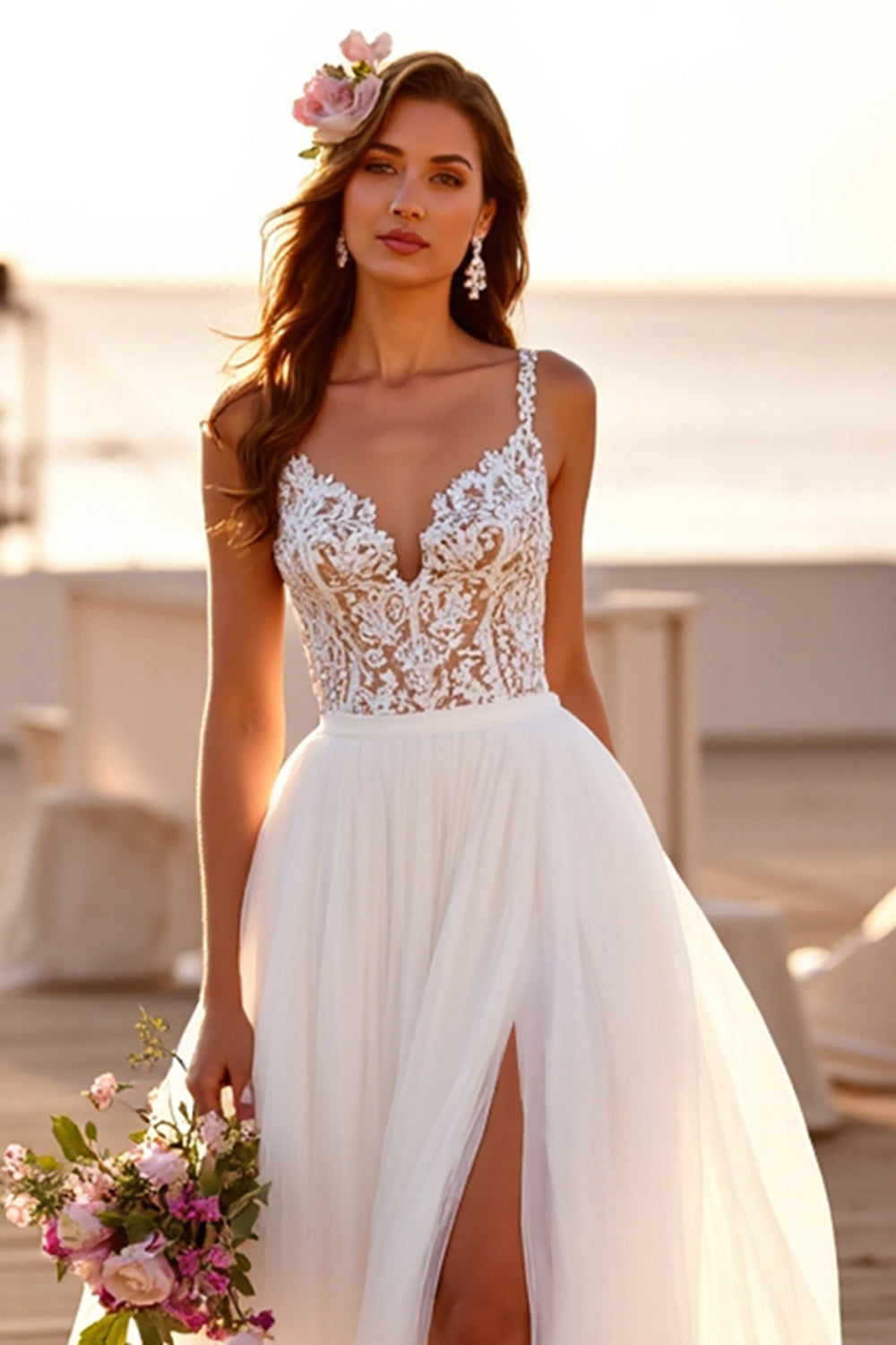 White Lace A Line Wedding Dress with Slit