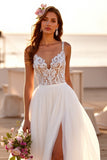 White Lace A Line Wedding Dress with Slit