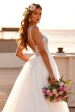 White Lace A Line Wedding Dress with Slit