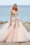 Blush A Line Floral Wedding Dress with 3D Folwers