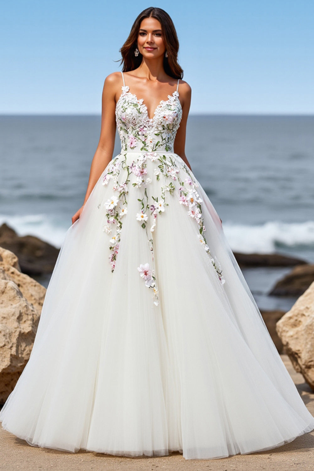 Floral Tulle White Wedding Dress with Appliques