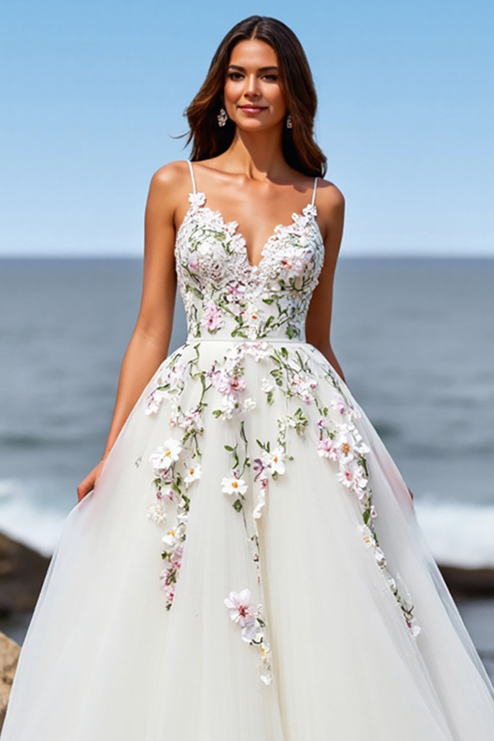 Floral Tulle White Wedding Dress with Appliques