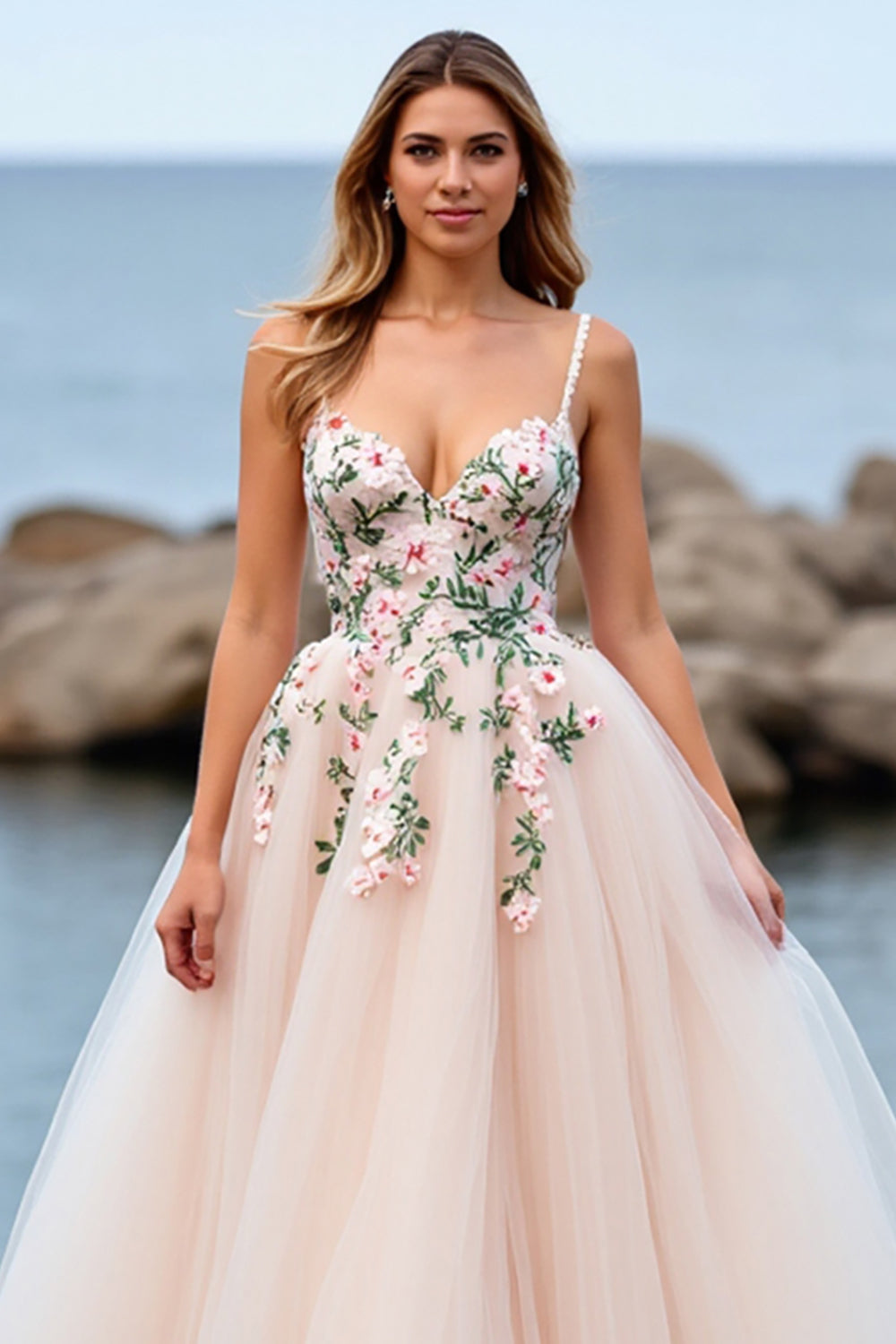 Blush A Line Tulle Wedding Dress with Appliques