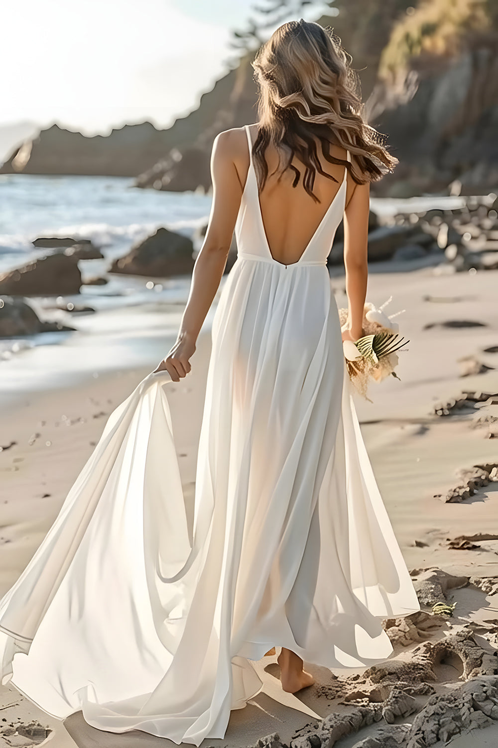 White Chiffon Spaghetti Straps Long Wedding Dress