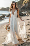 White Chiffon Spaghetti Straps Long Wedding Dress
