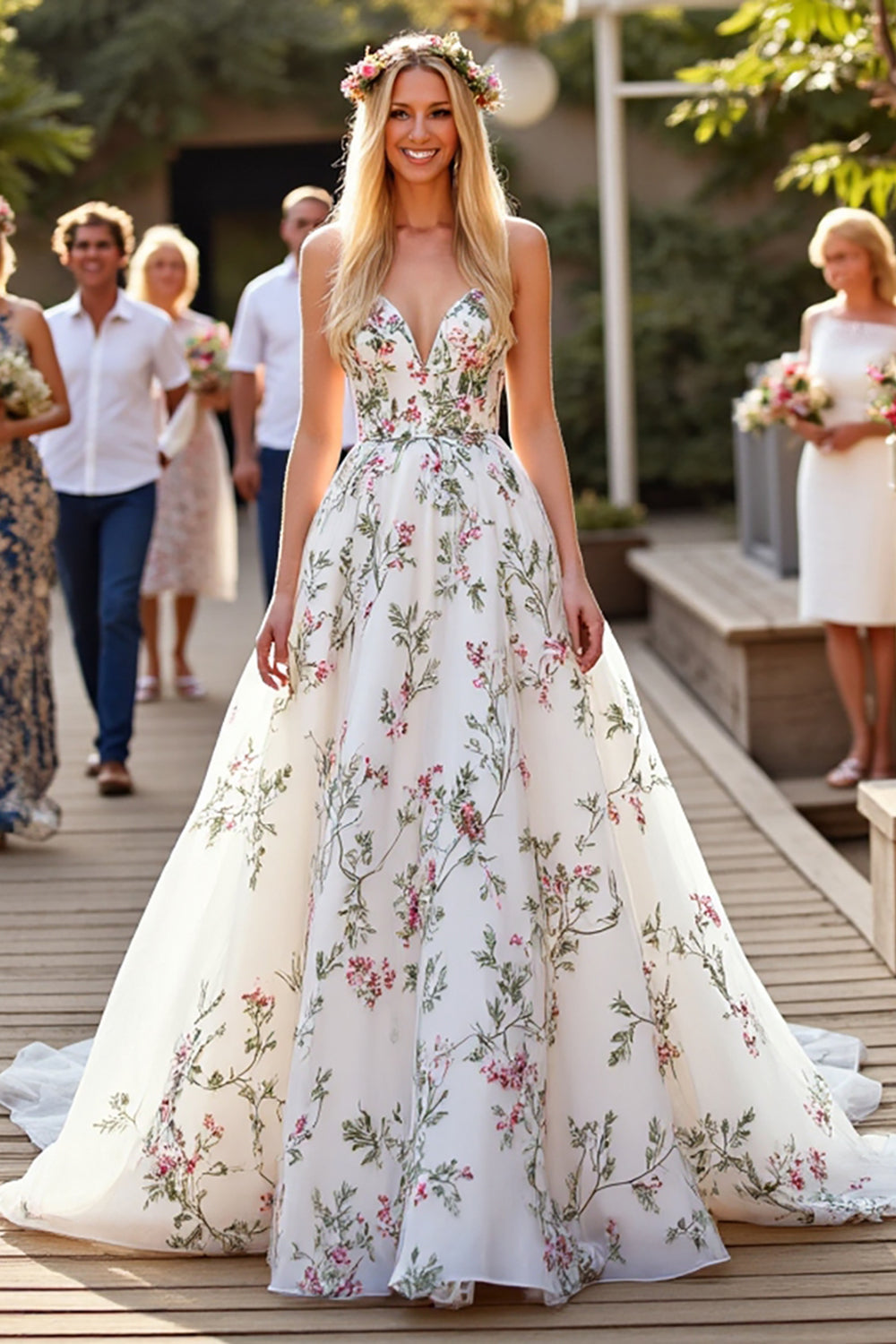 Floral White Long Wedding Dress with Appliques