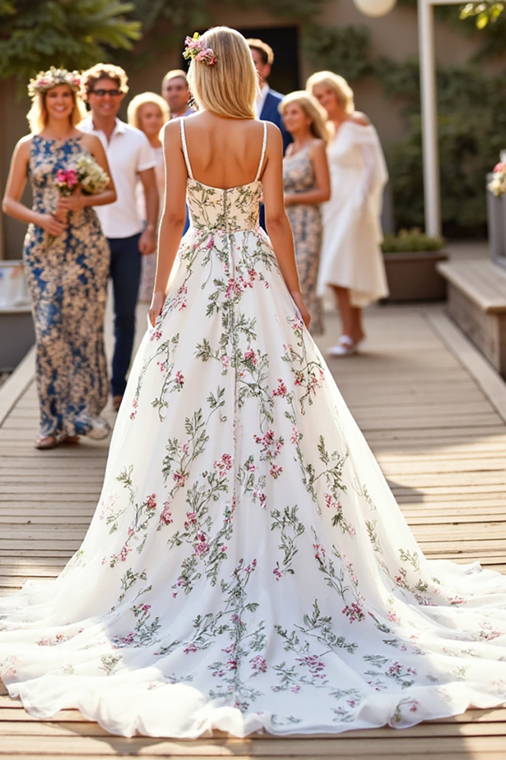 Floral White Long Wedding Dress with Appliques