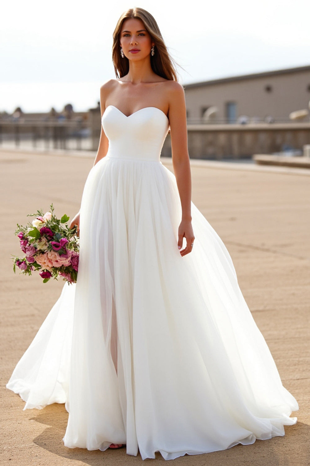 Strapless White A Line Long Wedding Dress