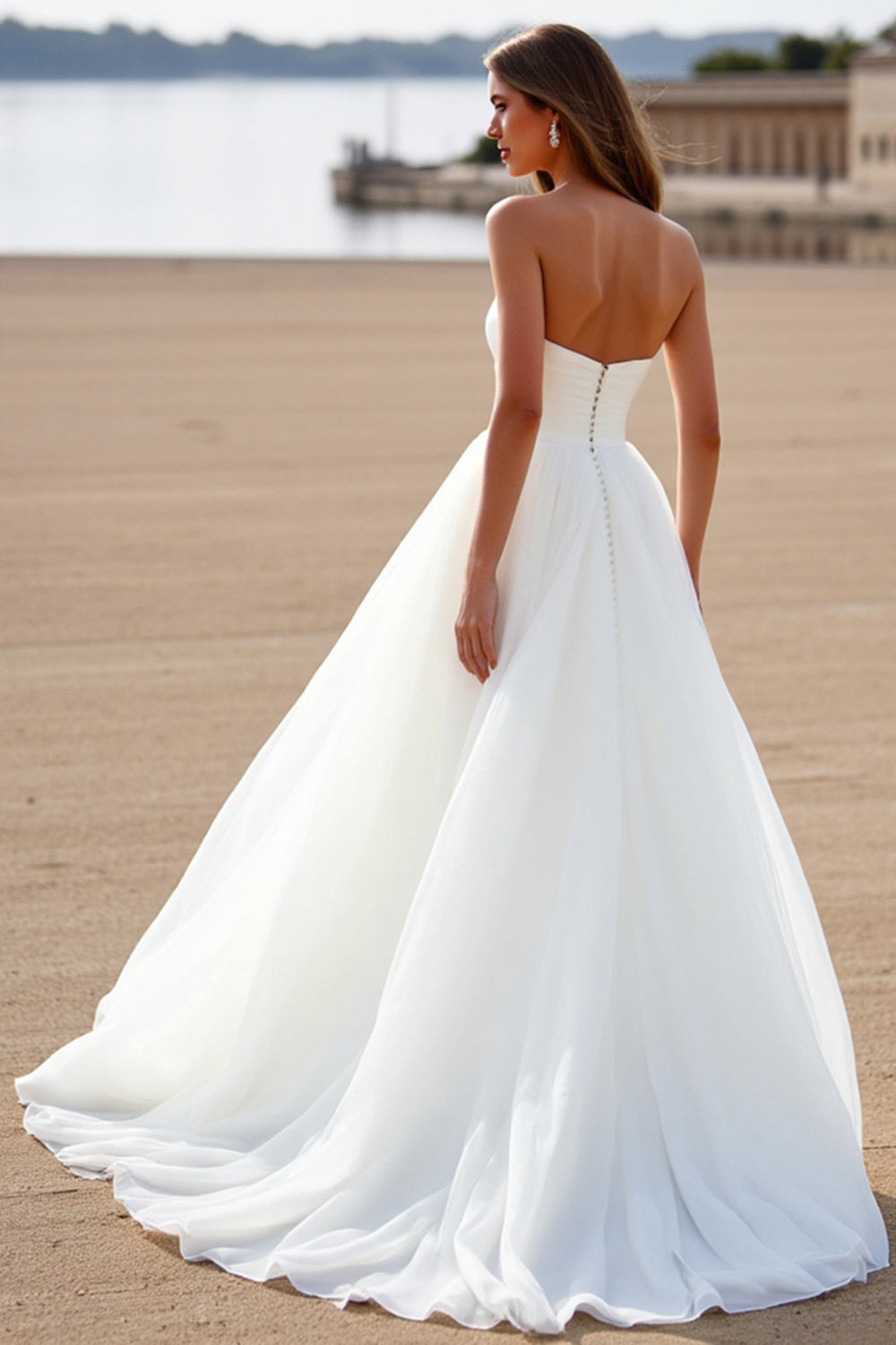 Strapless White A Line Long Wedding Dress